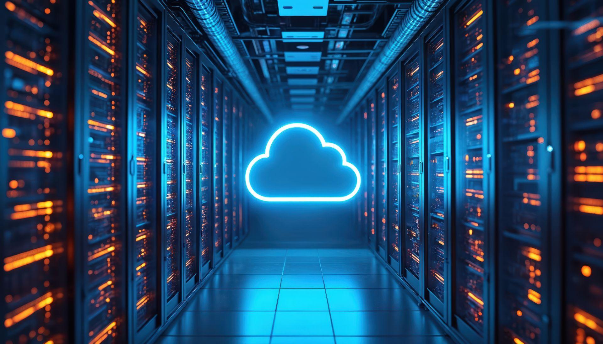 View of glowing server racks in a data center with a neon cloud symbol – representing online hosting and cloud infrastructure