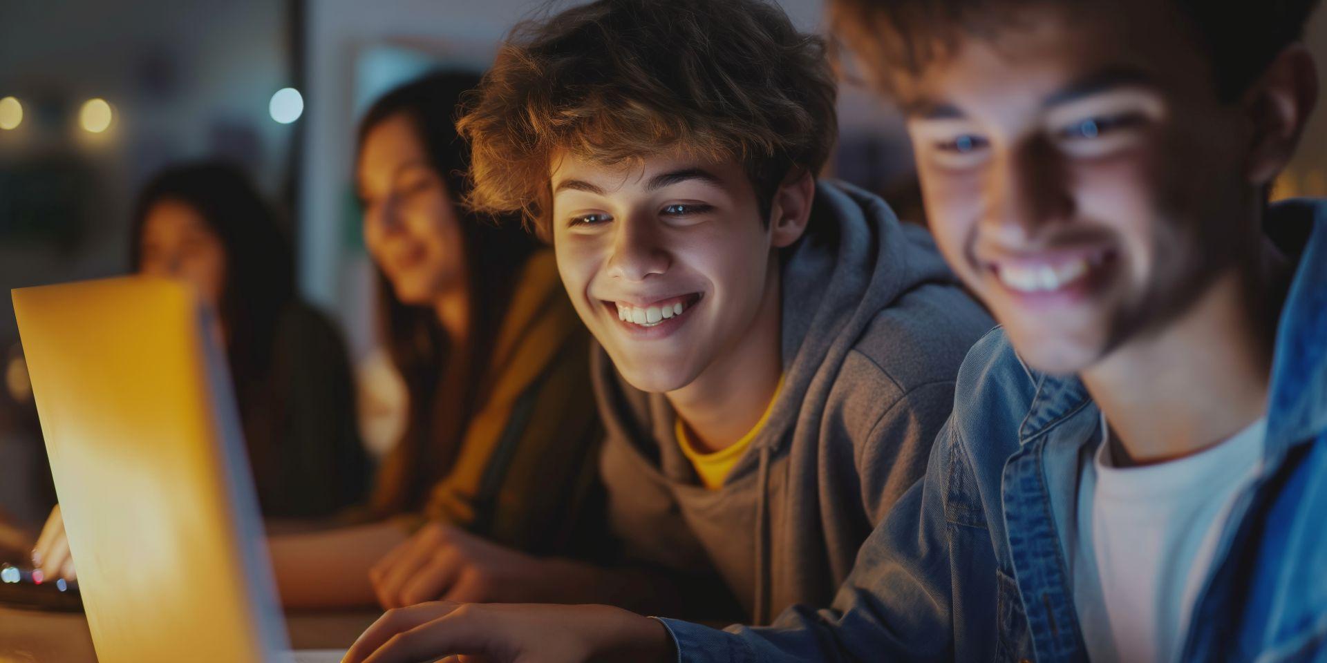 Smiling group of teenagers playing on laptops together – representing the community and multiplayer fun of Minecraft server hosting